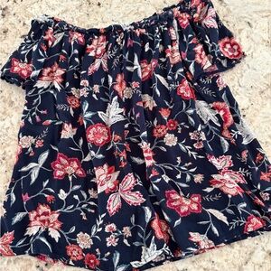 Old Navy Navy Floral Off-Shoulder Blouse with Red & White Flowers